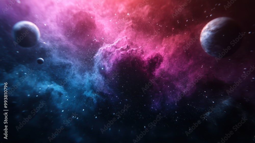 A captivating image of a cosmic nebula, showcasing vibrant colors, swirling clouds, multiple planets, and distant stars, embodying the mysteries and beauty of outer space. A captivating image of a cosmic nebula, showcasing vibrant colors, swirling clouds, multiple planets, and distant stars, embodying the mysteries and beauty of outer space.