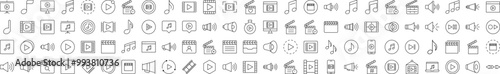 Media Player Line Icon Pack. Modern Collection for Design, Web Sites, Apps, Cards. Contains Linear Images of Clapperboard, Musical Note, Loud Speaker