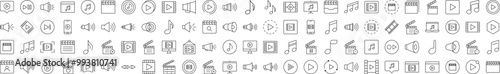Clapperboard, Musical Note, Loud Speaker Media Player Thin Line Icon Set. Editable Stroke. Suitable for Banners, Cards, Social Networks, Apps