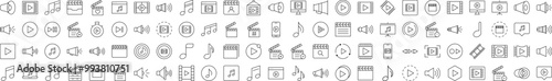 Clapperboard, Musical Note, Loud Speaker Media Player Outline Style Icons for Design, Cards, Apps, Social Networks