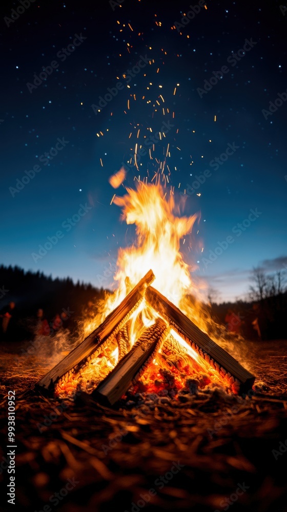 Fototapeta premium A vibrant campfire with sparks rising against a night sky, surrounded by nature's tranquility.