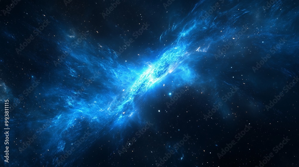 Naklejka premium A vibrant blue energy pulse radiates from a point, illuminating the dark cosmic expanse.