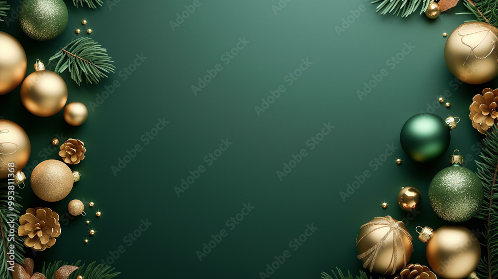 Christmas and New Year minimalistic background with golden and green ornaments on an emerald green background, framed with festive decor. Copy space for text. Christmas and New Year holidays Christmas and New Year minimalistic background with golden and green ornaments on an emerald green background, framed with festive decor. Copy space for text. Christmas and New Year holidays