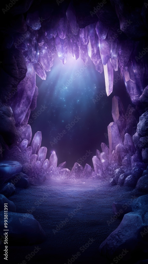 Fototapeta premium A mystical cave adorned with sparkling purple crystals and soft light illuminating the tranquil space.