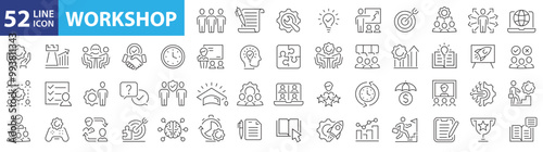 Workshop 52 icon set. Business training icons. Team building, collaboration, teamwork, education, coaching, problem solving and more. Vector illustration