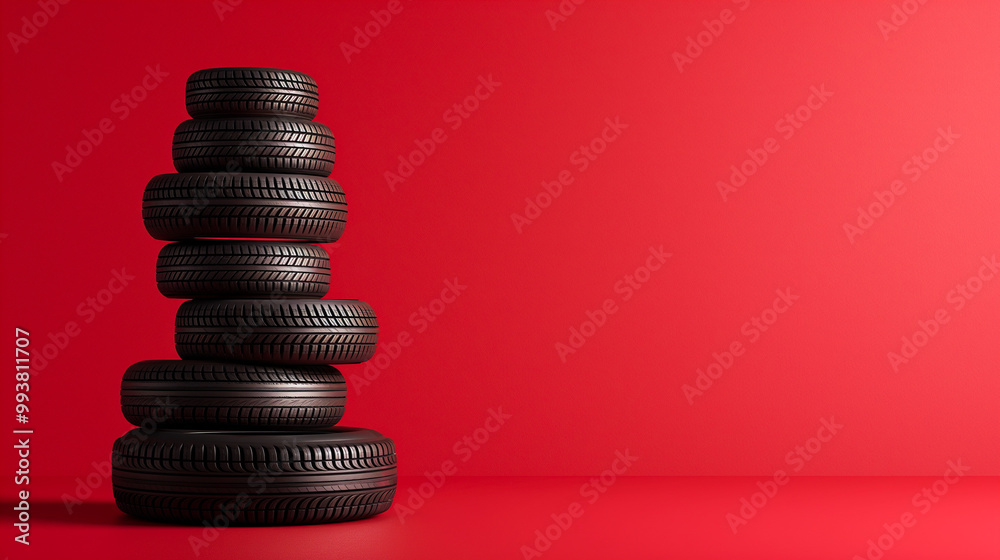 A stack of tires arranged in the shape of a Christmas tree on a bright red background with copy space for a festive message or promotion. A stack of tires arranged in the shape of a Christmas tree on a bright red background with copy space for a festive message or promotion.