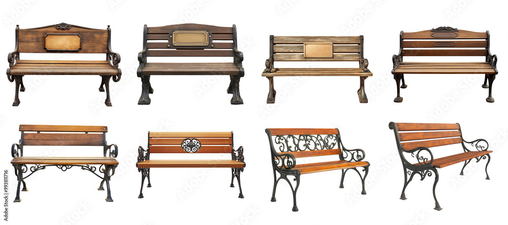 Fototapeta premium A collection of elegant wooden benches showcasing diverse designs and craftsmanship, perfect for outdoor or indoor settings. on transparent cutout, PNG file