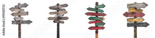 Collection of rustic directional signs in various colors, ideal for outdoor and travel-themed designs. on transparent cutout, PNG file