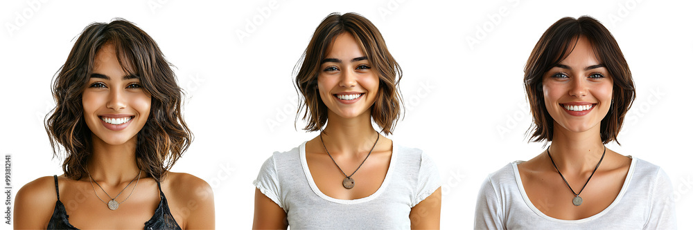 Smiling woman with bob hair wearing a necklace friendly demeanor upper body isolated on white and transparent background Smiling woman with bob hair wearing a necklace friendly demeanor upper body isolated on white and transparent background