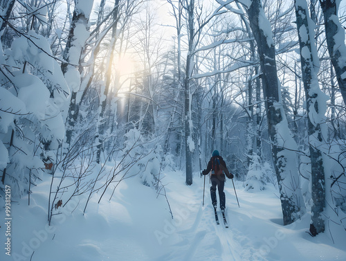 Cross-country skier glides effortlessly through serene snowy forest, surrounded by peaceful winter wonderland beauty.