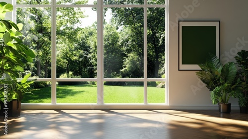 Bright and spacious living room with large windows offering a serene view of a lush green garden, featuring potted plants and natural light.