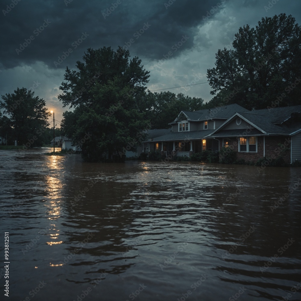 Severe storm causes extensive urban flooding with streets and homes submerged under water Severe storm causes extensive urban flooding with streets and homes submerged under water