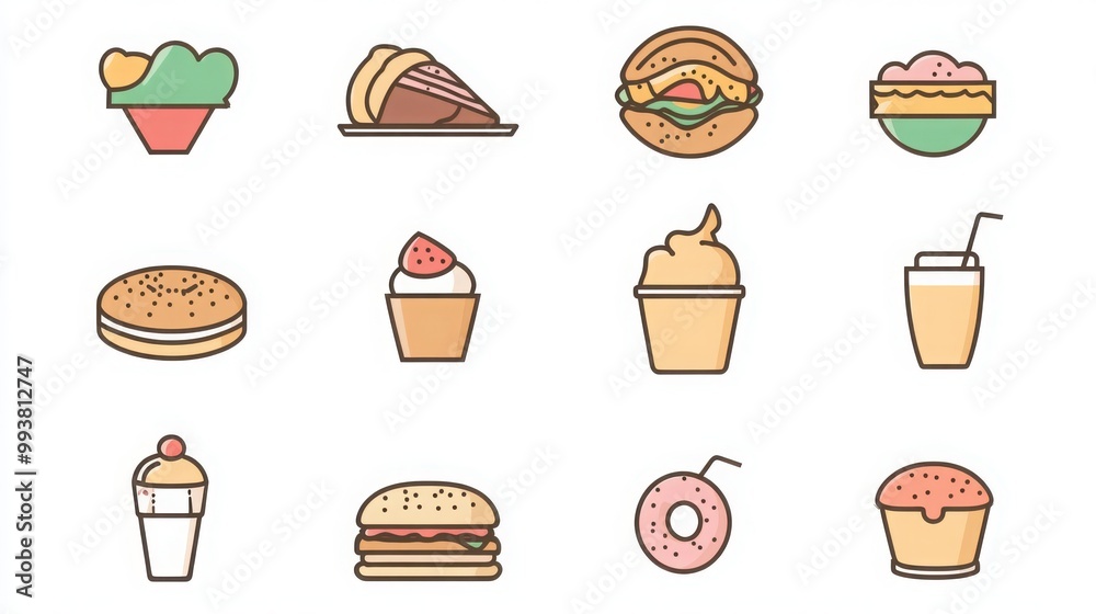 Food & Drink thin line icon set. Example: sandwich, burger, pizza, ice cream, salad, wine glass, soda, coffee cup, sushi Food & Drink thin line icon set. Example: sandwich, burger, pizza, ice cream, salad, wine glass, soda, coffee cup, sushi