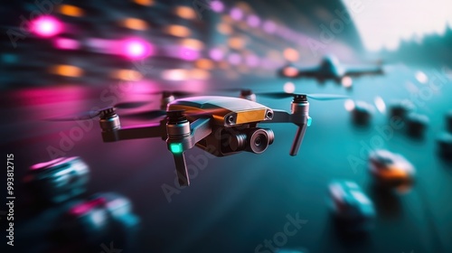 This captivating image depicts a drone navigating through a vibrant neon tunnel, symbolizing innovation, technology, and the dynamic world of modern aerial exploration.