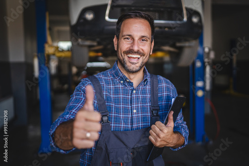 Wallpaper Mural Car mechanic stand hold clipboard in front the car with friendly smile thumb up Torontodigital.ca