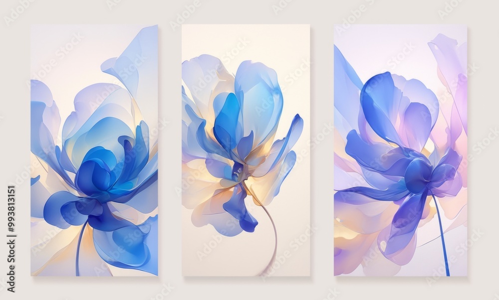 3 pieces of framed wall art, featuring abstract flower shapes with a blue and purple gradient color scheme 3 pieces of framed wall art, featuring abstract flower shapes with a blue and purple gradient color scheme