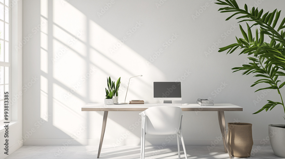 A modern minimalist workspace with a desk facing a sunlit window, white walls, and minimal decor. The focus is on natural light and clean design A modern minimalist workspace with a desk facing a sunlit window, white walls, and minimal decor. The focus is on natural light and clean design