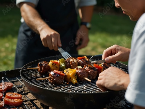 Close-up of a man preparing a barbecue.