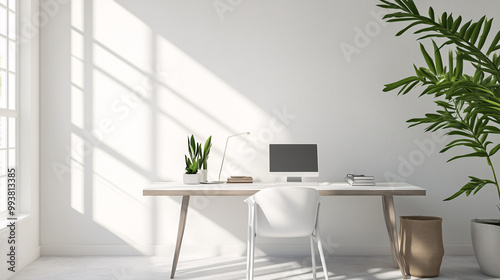 A modern minimalist workspace with a desk facing a sunlit window, white walls, and minimal decor. The focus is on natural light and clean design