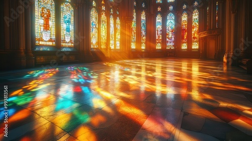 sunlight streaming through intricate church stained glass casting colorful patterns on the stone floors creating a sacred and serene atmosphere within the spiritual space