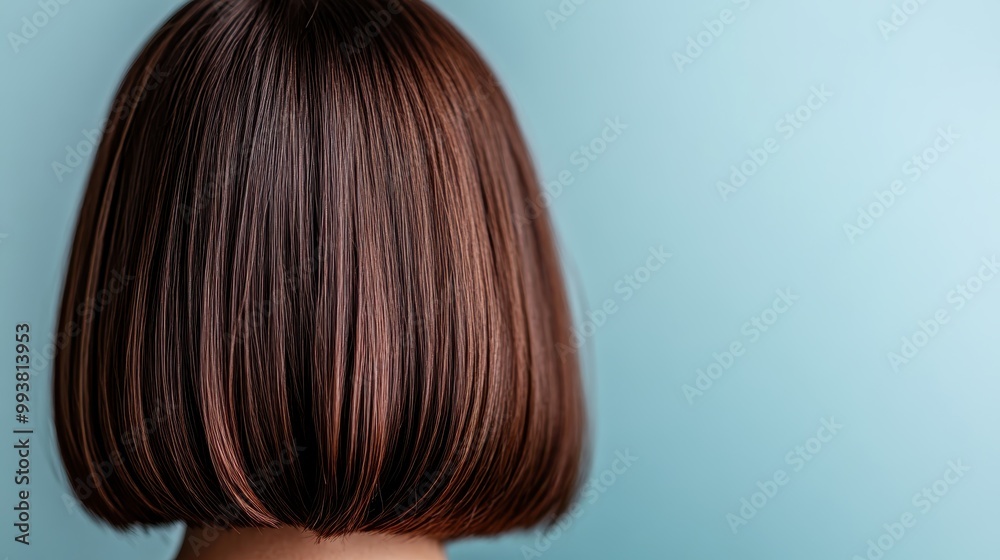 The image features a person with a sleek, straight bob haircut viewed from the back, set against a light blue background, showcasing the stylish and precise cut of the hair. The image features a person with a sleek, straight bob haircut viewed from the back, set against a light blue background, showcasing the stylish and precise cut of the hair.