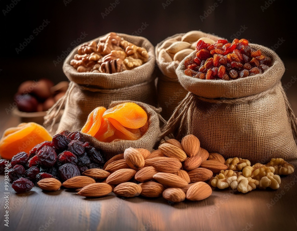 Assortiment de fruits secs et de noix - Une nature morte rustique et détaillée de divers fruits secs et de noix s'échappant de sacs en toile de jute, évoquant un sentiment d'abondance naturelle en ia Assortiment de fruits secs et de noix - Une nature morte rustique et détaillée de divers fruits secs et de noix s'échappant de sacs en toile de jute, évoquant un sentiment d'abondance naturelle en ia