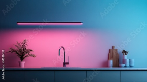 A sleek and modern kitchen counter is highlighted with a potted plant and ambient pink lighting, offering a fresh and stylish interior design idea with vibrant blue accents.