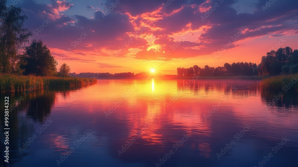 sunset reflecting on a tranquil river bathed in warm hues of orange and pink creating a serene and peaceful atmosphere ideal for relaxation