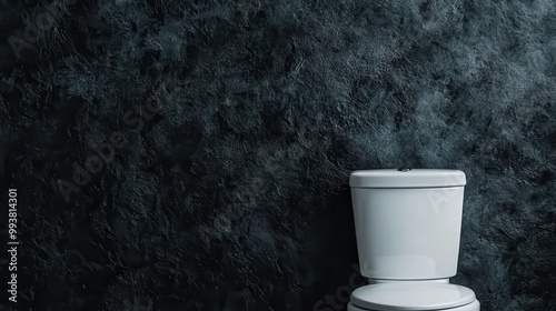 This image displays a simple white toilet against a dark, textured wall background, showcasing a stark contrast and an element of modern, minimalist bathroom design with a focus on functionality. photo