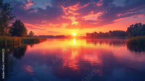 sunset reflecting on a tranquil river bathed in warm hues of orange and pink creating a serene and peaceful atmosphere ideal for relaxation