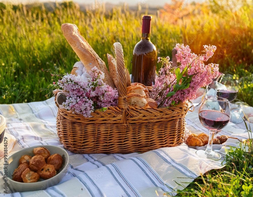 panier pour un pique-nique à la campagne avec du pain, du vin et des fleurs en illustration ia panier pour un pique-nique à la campagne avec du pain, du vin et des fleurs en illustration ia