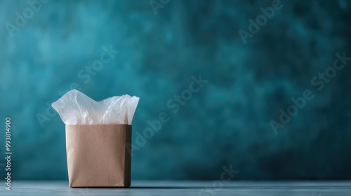 An empty carton placed on a dramatic teal background, emphasizing solitude and expectation, the plainness of the carton contrasts strikingly with the rich background.