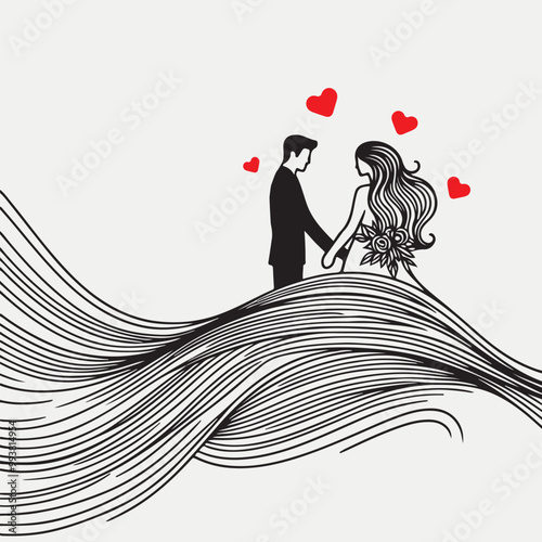 Wedding Couple line art Silhouette with Abstract Wavy Lines. Couple walking together holding hands in continuous line art drawing style. valentines day greetings card , t shirt artwork for print