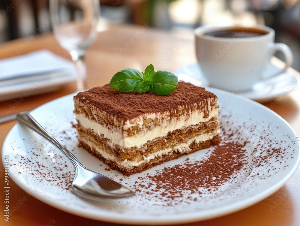 Close-Up of Tiramisu and Coffee with Italian Street in the Background Close-Up of Tiramisu and Coffee with Italian Street in the Background