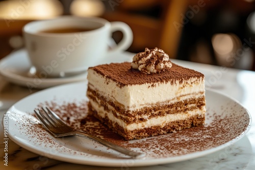 Close-Up of Tiramisu and Coffee with Italian Street in the Background