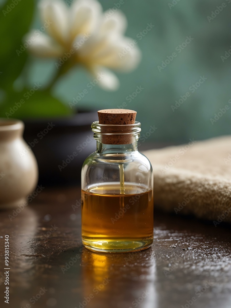 Close-up of an essential oil bottle in a spa. Close-up of an essential oil bottle in a spa.