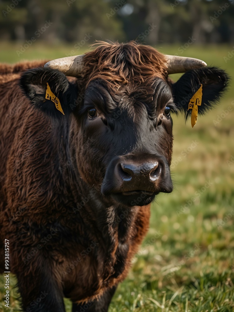 Close-up of Australian Wagyu cow grazing in a paddock. Close-up of Australian Wagyu cow grazing in a paddock.