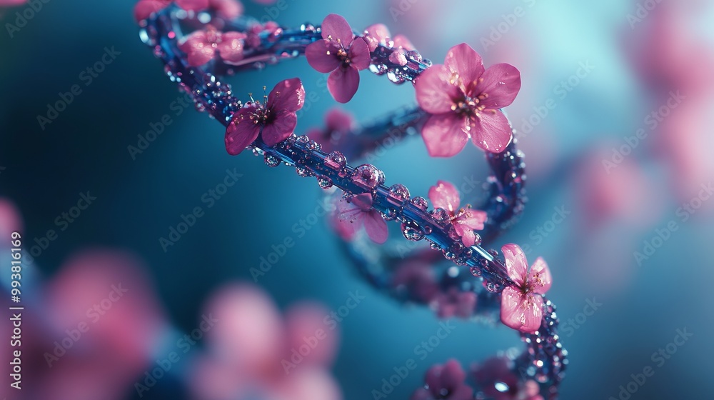 DNA Helix Adorned with Pink Flowers on Blue Background. AI generated illustration