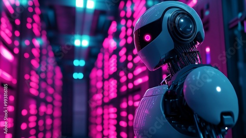 Robot Standing in Front of Data Center with Glowing Lights in Blue and Pink. AI generated illustration