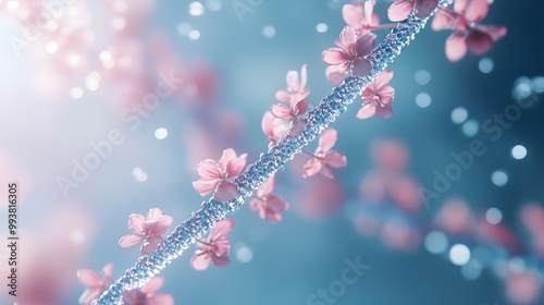 DNA Helix Adorned with Pink Flowers on Blue Background. AI generated illustration