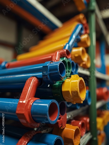 Close-up of colorful pipes on shelves in a hardware store. photo