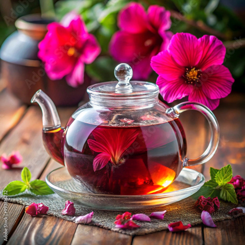  chilled hibiscus tea in a glass teapot with fresh .