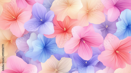 A stunning background filled with soft pastel flowers in vibrant shades of pink, blue, and purple. Perfect for decorations and creative designs