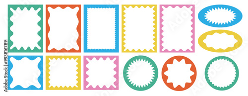 Set of groovy draw wavy frame. Round and multicolor textured rectangle elements. Star burst shape tags. Rectangle boxes with curvy wiggly in flat style