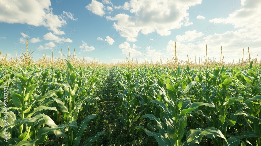 Fototapeta premium A vast field filled with tall corn plants. This is a large-scale corn farm, showcasing how agriculture works on a big level.