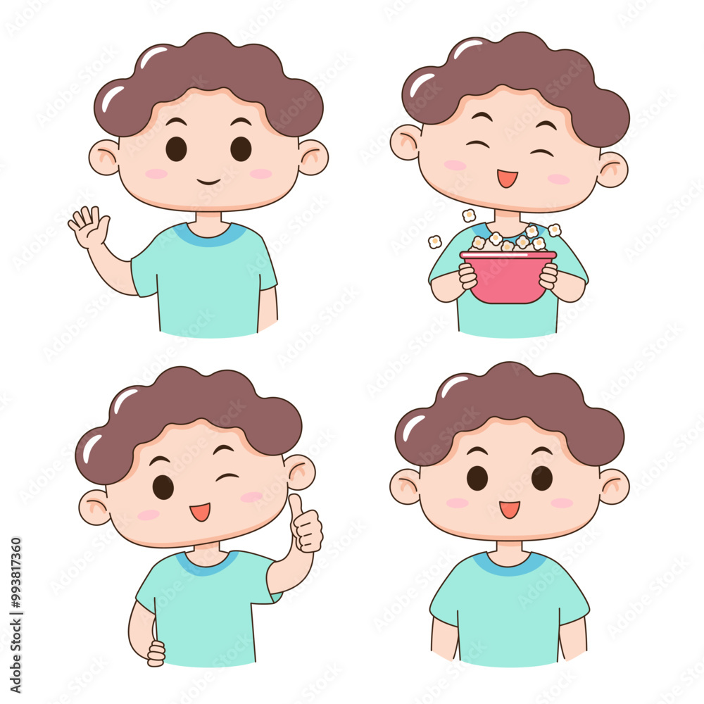 Set of four cartoon illustrations featuring a young boy with different expressions and actions. vector illustration. Set of four cartoon illustrations featuring a young boy with different expressions and actions. vector illustration.