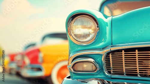 A beautiful display of American vintage cars at an outdoor car show, with shiny chrome and bright, restored paint jobs under a sunny sky