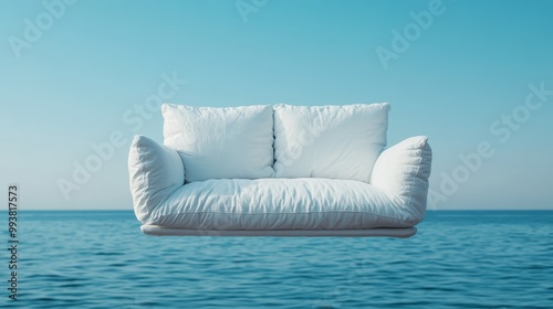 A cozy white plush sofa mysteriously floats over a calm ocean background, blending comfort with surrealism. Perfect for a creative and imaginative decor setting. photo