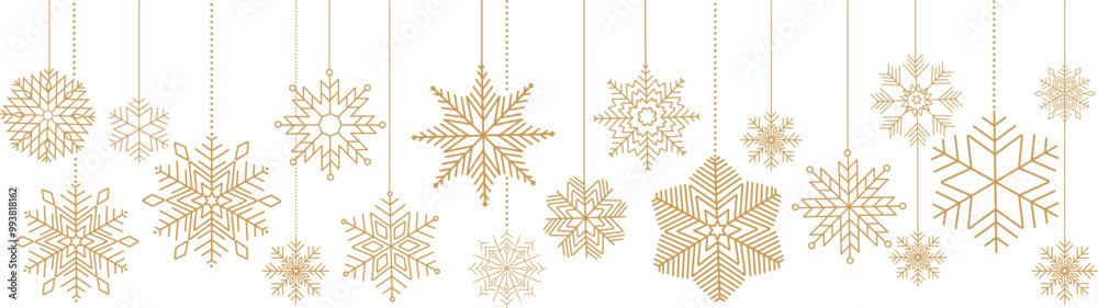 Snowflake seamless border. Golden glitter background with falling glitter confetti and  snowflakes. Simple hanging golden christmas snowflake seamless border . Christmas background.