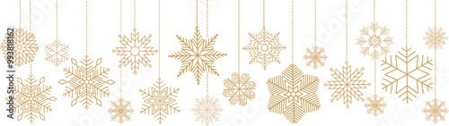 Snowflake seamless border. Golden glitter background with falling glitter confetti and  snowflakes. Simple hanging golden christmas snowflake seamless border . Christmas background.